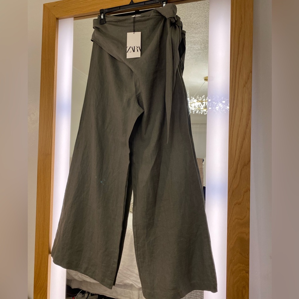 Zara Olive Green Wide-Leg Wrap Pants